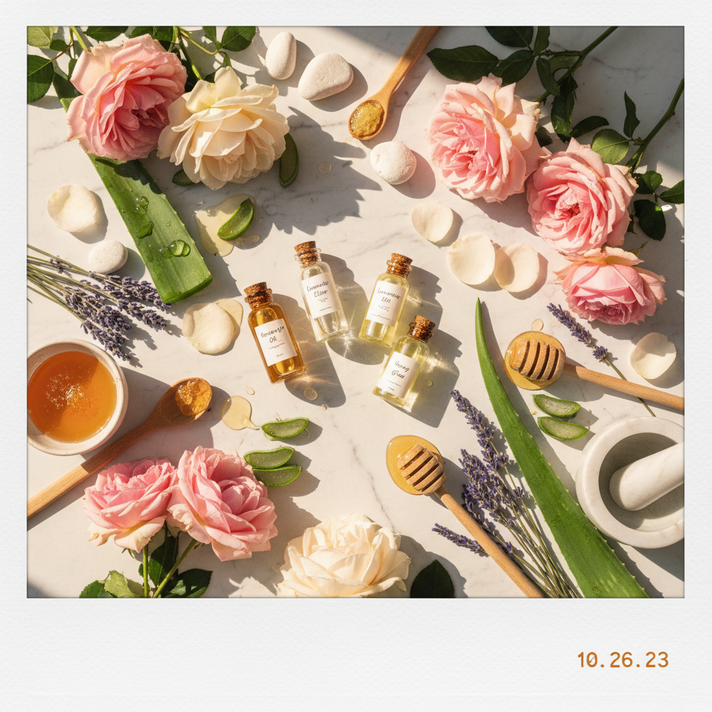 Skincare products and flowers